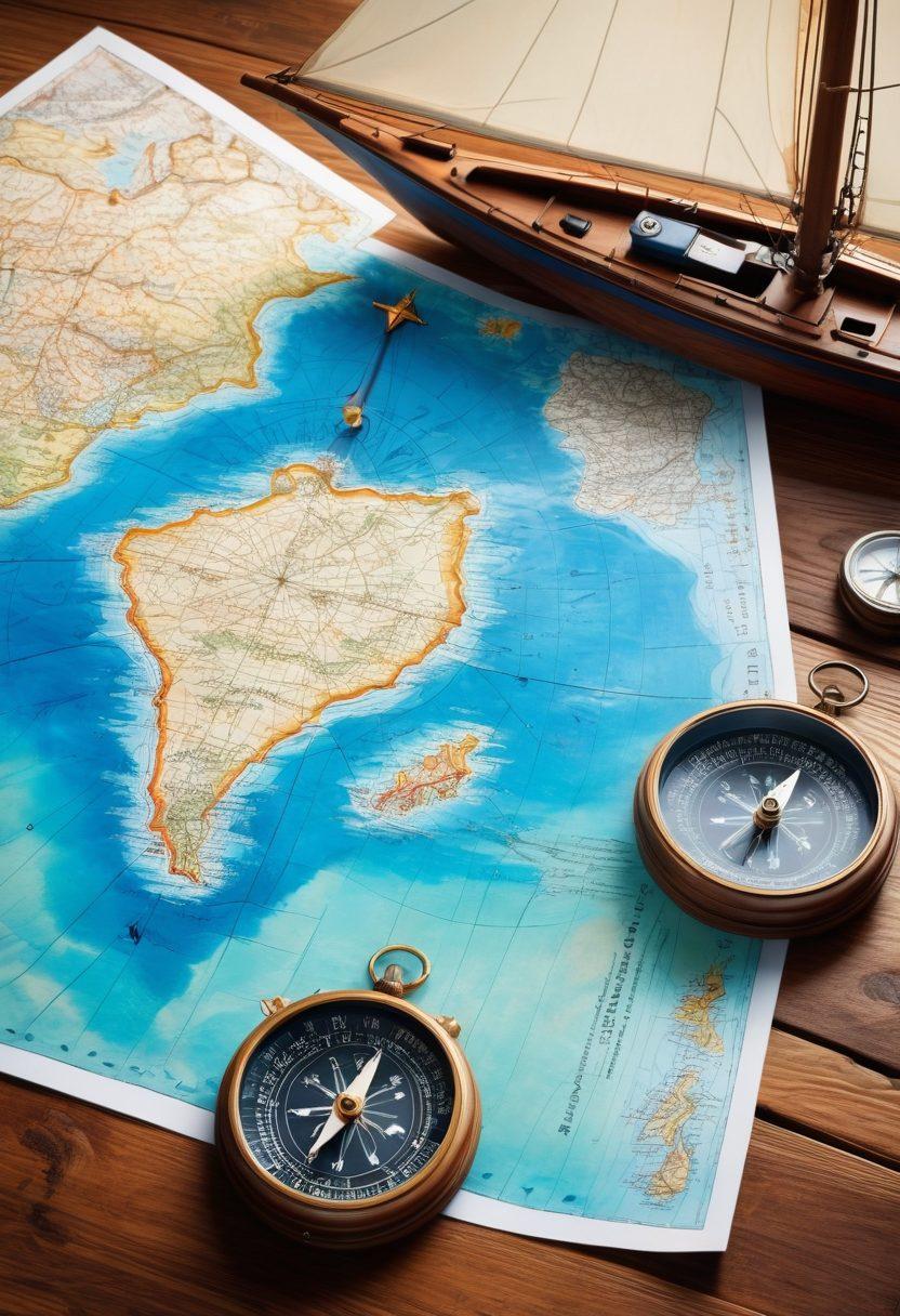 A serene coastline with a sailboat navigating through vibrant blue waters, showcasing insurance documents alongside a compass and nautical maps on a wooden table. Include images of ocean waves and tropical islands in the background, symbolizing adventure and exploration. The scene should radiate a sense of safety and confidence in risks management while enjoying marine journeys. super-realistic. vibrant colors. natural lighting.