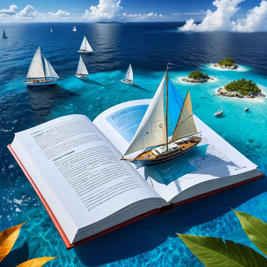 A serene yacht sailing on crystal-clear blue waters under a bright sunny sky, with a close-up view of a sail featuring insurance policy icons. Surround the yacht with tropical islands and gentle waves, symbolizing protection and adventure. Include an open book on the yacht deck showcasing key policy insights, with a montage of savvy seafarers engaging with their sails. vibrant colors. super-realistic. oceanic theme.